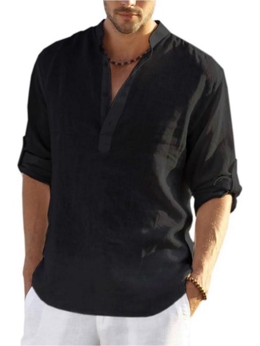Men's Casual Hemp Cotton Black Split-Neck Button Down Shirt